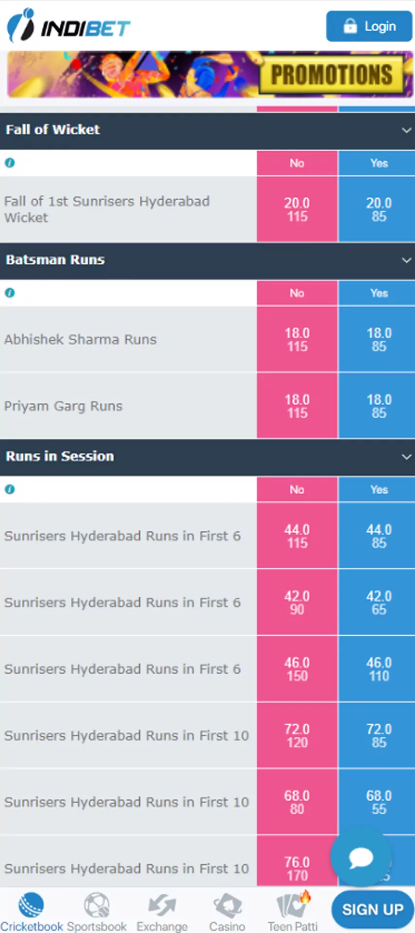 Indibet app betting line include all popular tournaments in all sports.