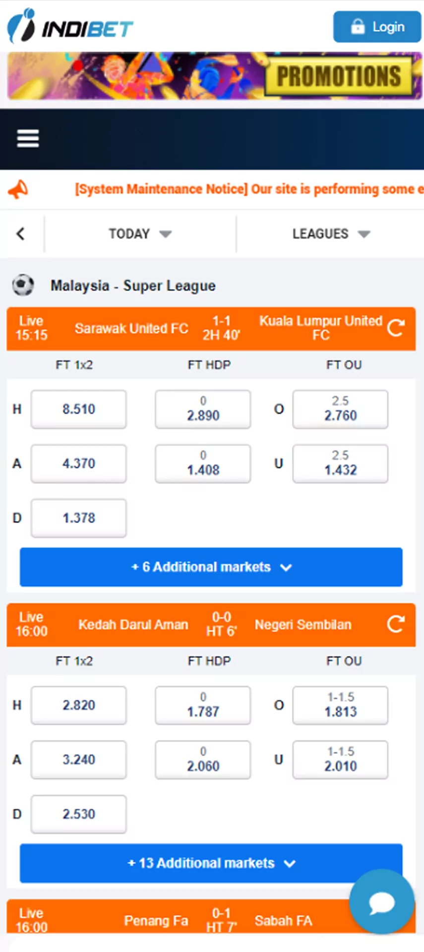 Indibet app markets and odds.